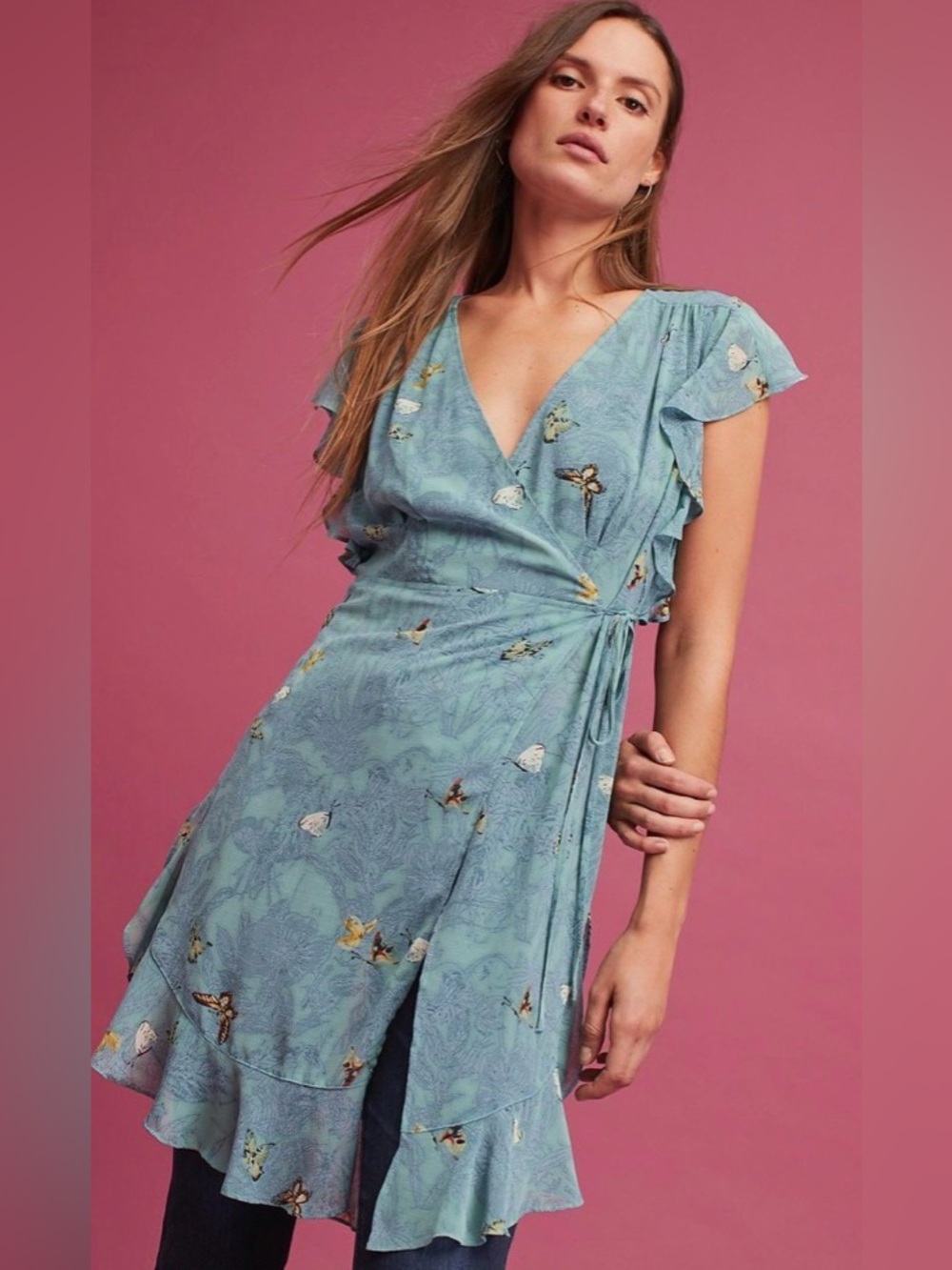 Free People Blue Floral Wrap Midi Dress with Ruffle Sleeves size XS